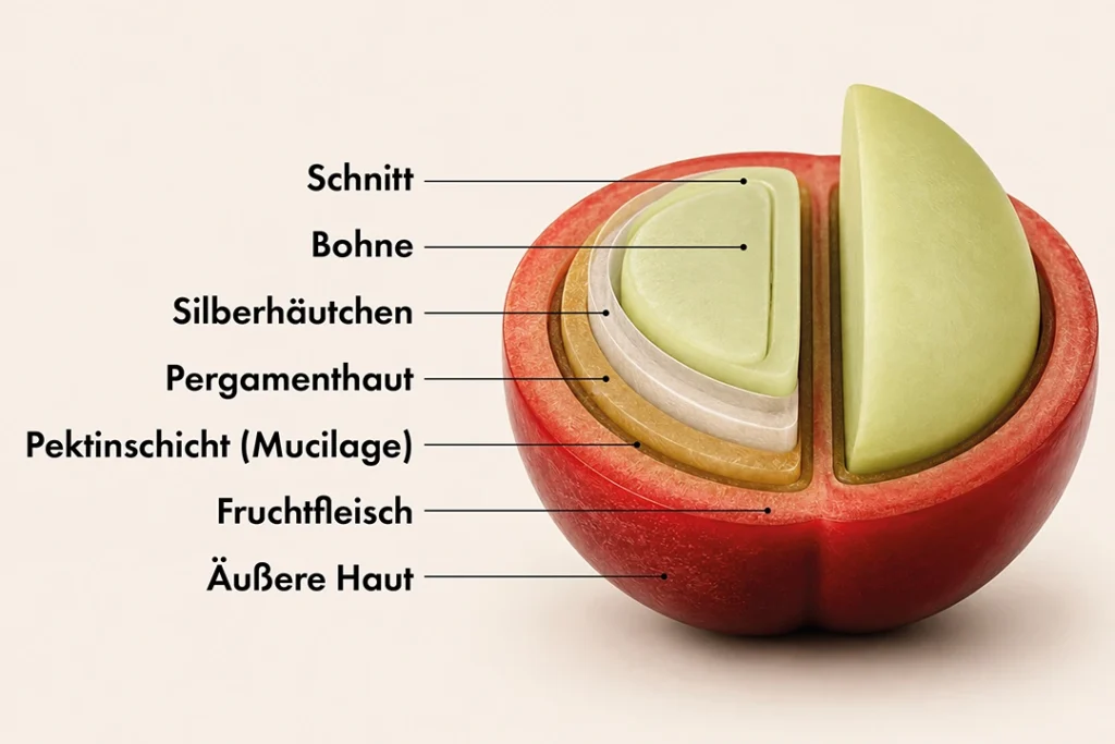 Aufbau einer Kaffeekirsche im Querschnitt mit den einzelnen Schichten bis zur Kaffeebohne.