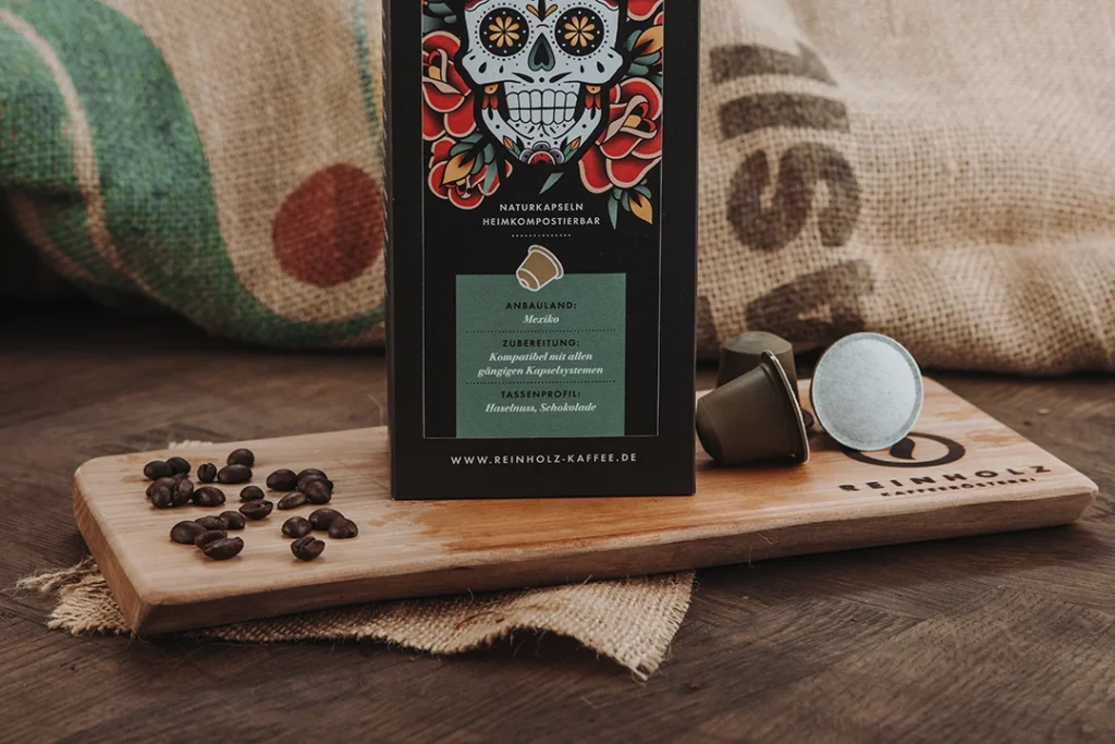 Heimkompostierbare nachhaltige Kaffeekapseln von Reinholz für die portionsgenaue Kaffeezubereitung