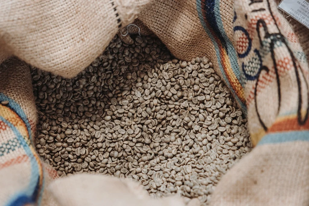 Entkoffeinierte Rohkaffeebohnen vor der Röstung